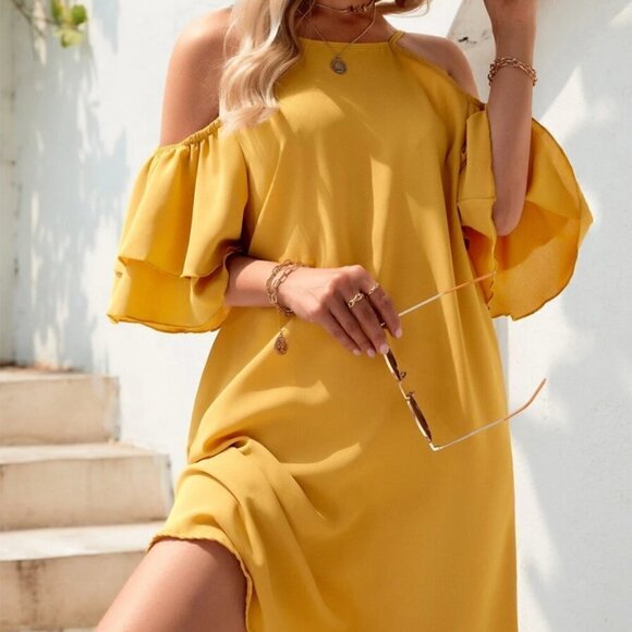 Shein Ruffle Cold Shoulder Dress Mustard Yellow - Picture 14 of 15